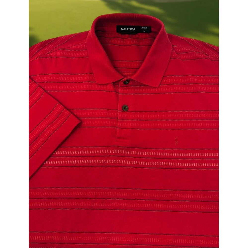 Nautica Men’s Polo Shirt‎ Red Striped Short Sleeve Size Large